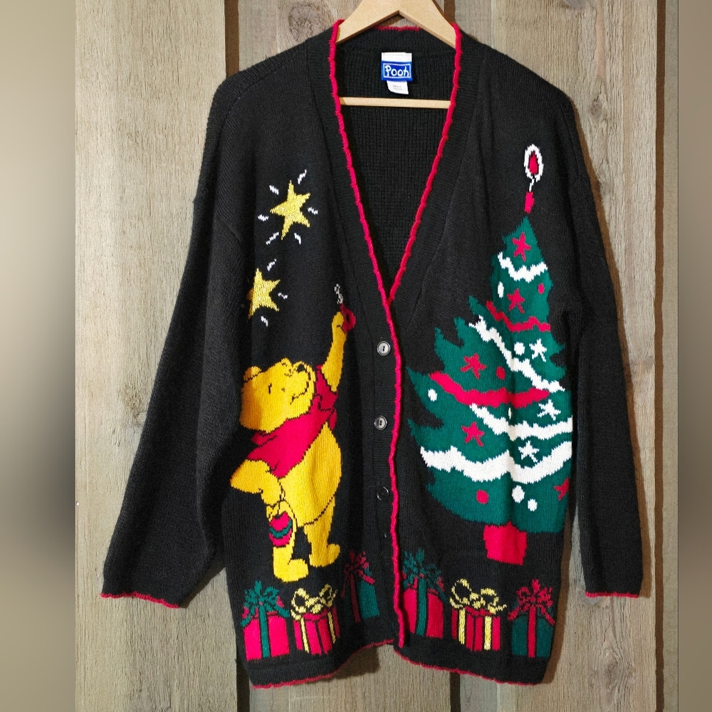 SOLD Vintage Disney Winnie The Pooh Christmas Knit Cardigan Sweater Women's - Picture 1 of 8